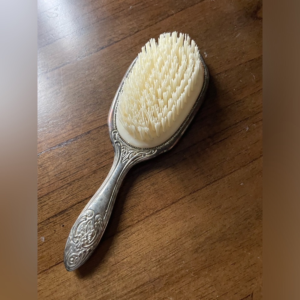 Ornate Vintage Silver Hand Brush with Cream Bristles